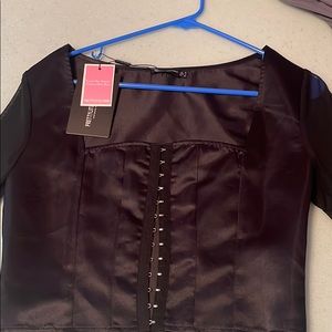 Black satin sheer long sleeve crop top